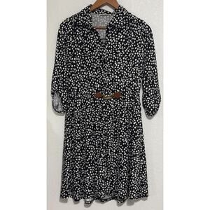 Indigo Rose Black White Polka dotted 3/4 sleeve Cinched Waist dress size Medium